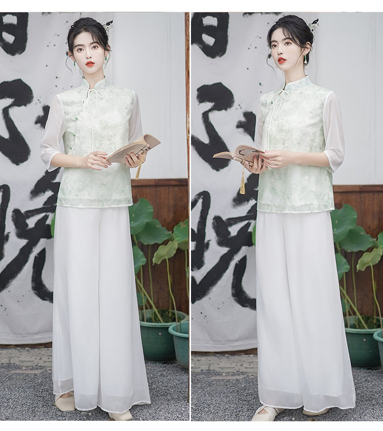 新中式女装中国风斜襟小清新上衣国风套装改良汉服唐装禅服茶服