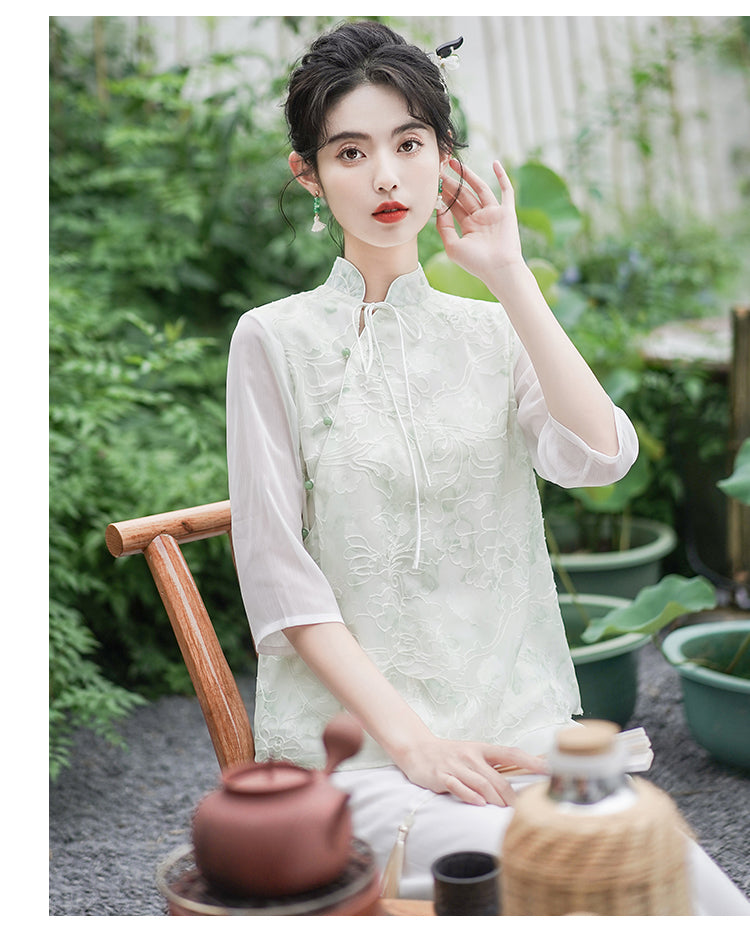 新中式女装中国风斜襟小清新上衣国风套装改良汉服唐装禅服茶服