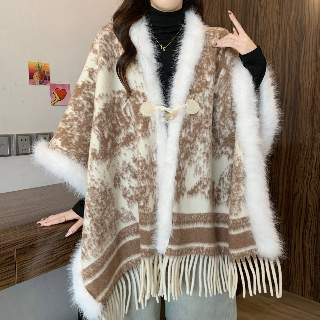 高级感水墨画毛毛拼接披肩外套女冬新款新中式气质流苏大斗篷