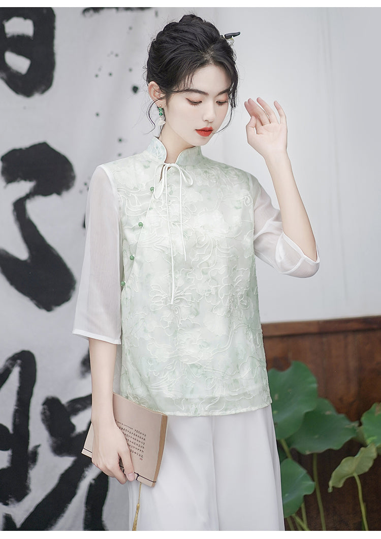 新中式女装中国风斜襟小清新上衣国风套装改良汉服唐装禅服茶服