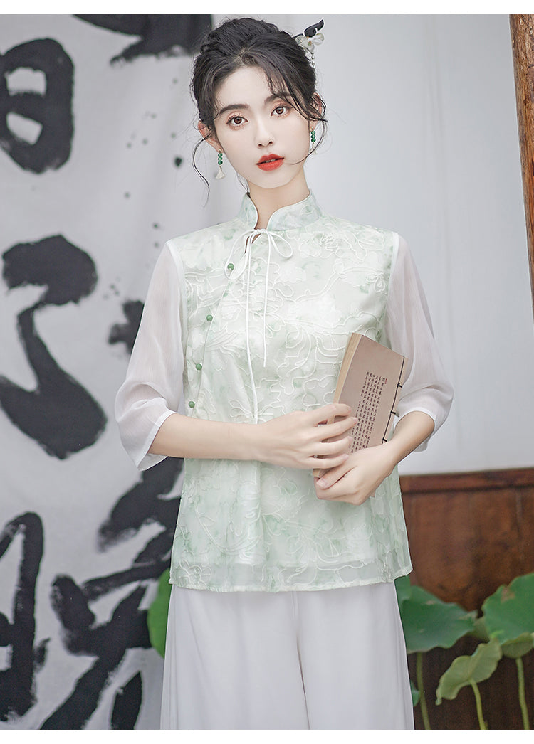 新中式女装中国风斜襟小清新上衣国风套装改良汉服唐装禅服茶服