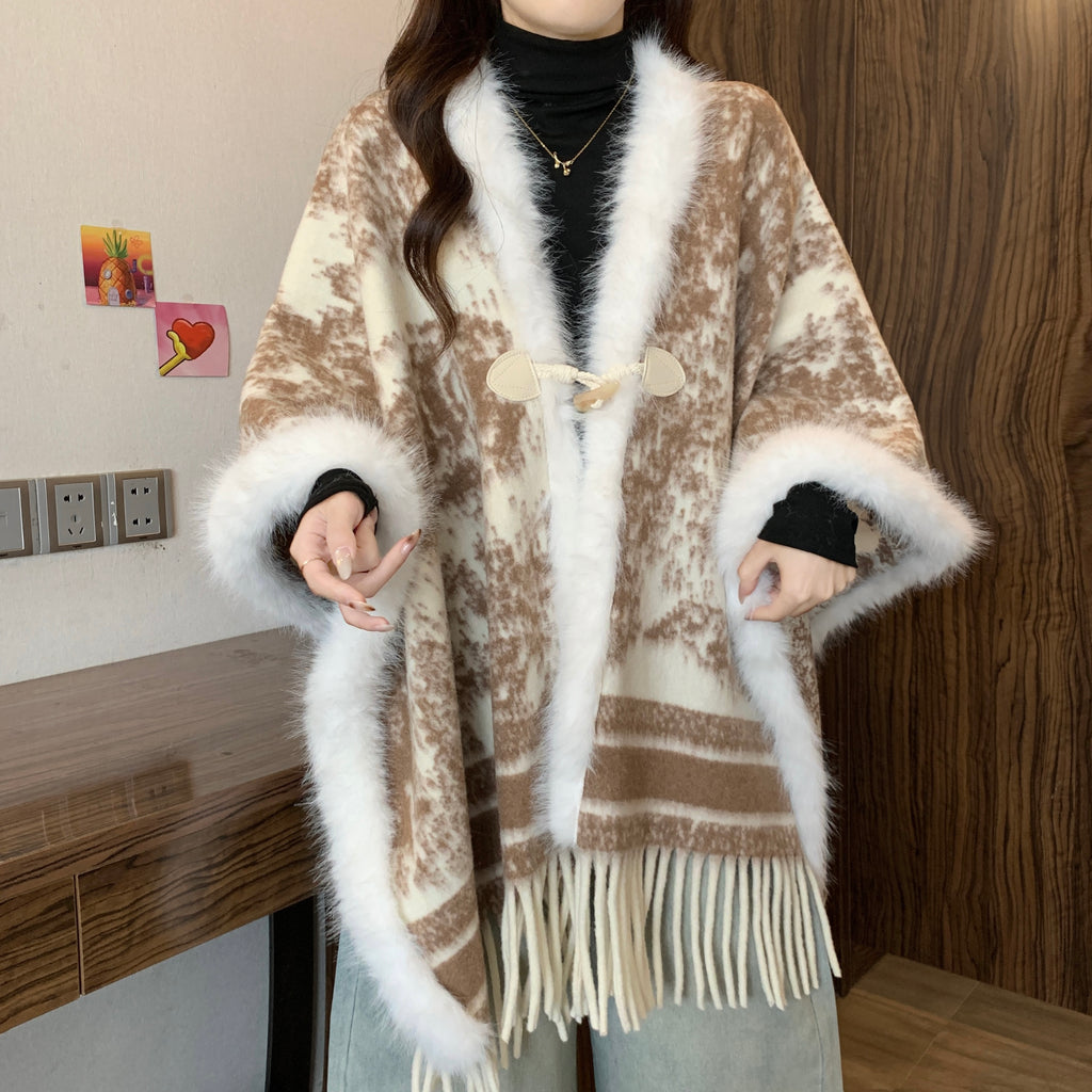 高级感水墨画毛毛拼接披肩外套女冬新款新中式气质流苏大斗篷