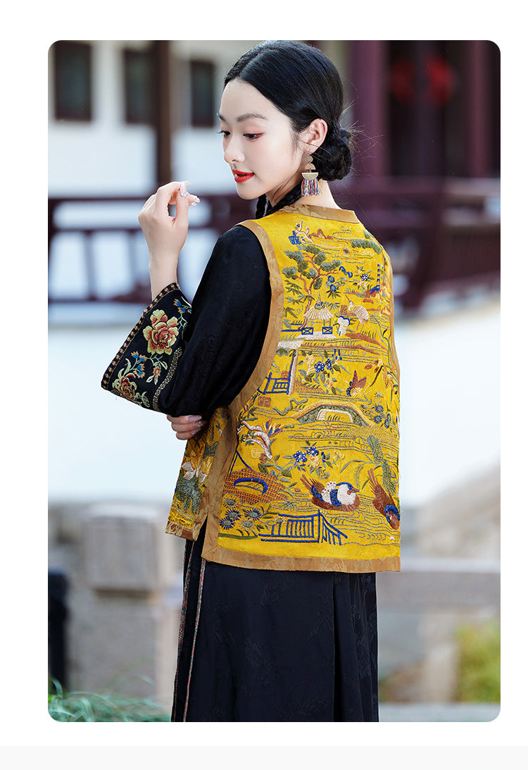 新中式重工民族风复古刺绣马甲天丝缎面背心坎肩圆领外套