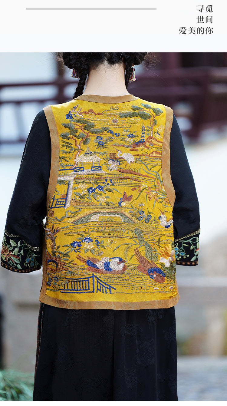 新中式重工民族风复古刺绣马甲天丝缎面背心坎肩圆领外套