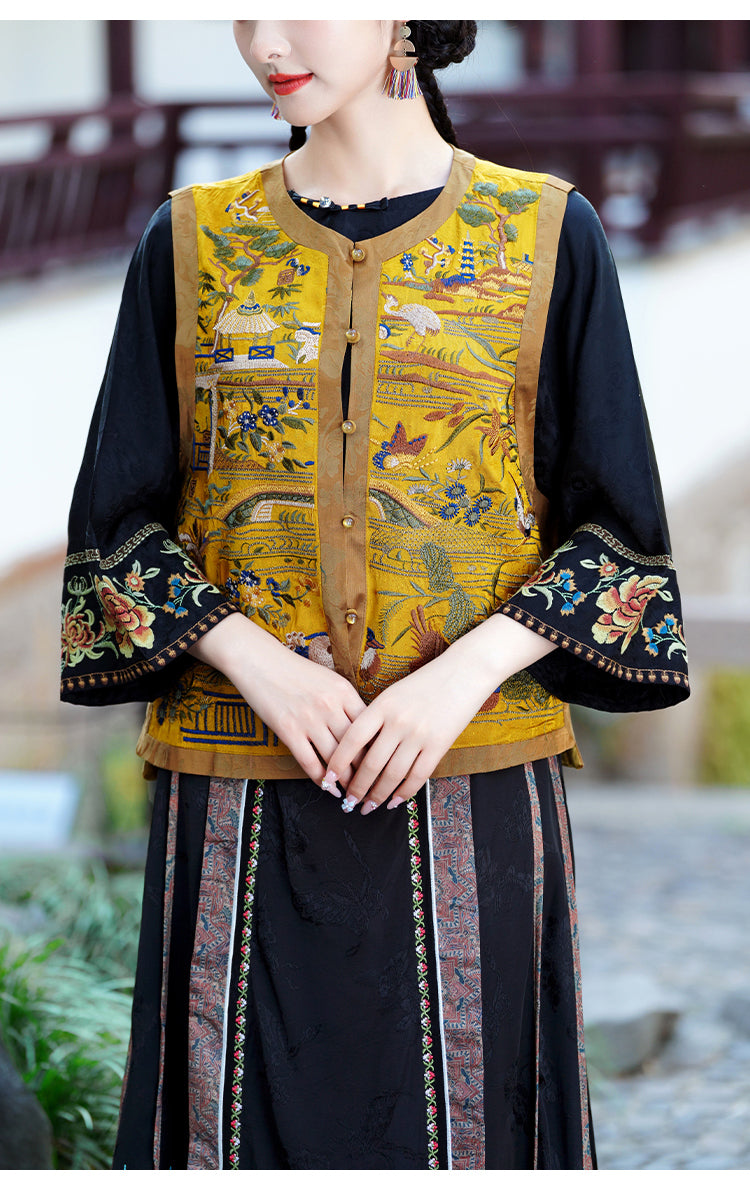 新中式重工民族风复古刺绣马甲天丝缎面背心坎肩圆领外套
