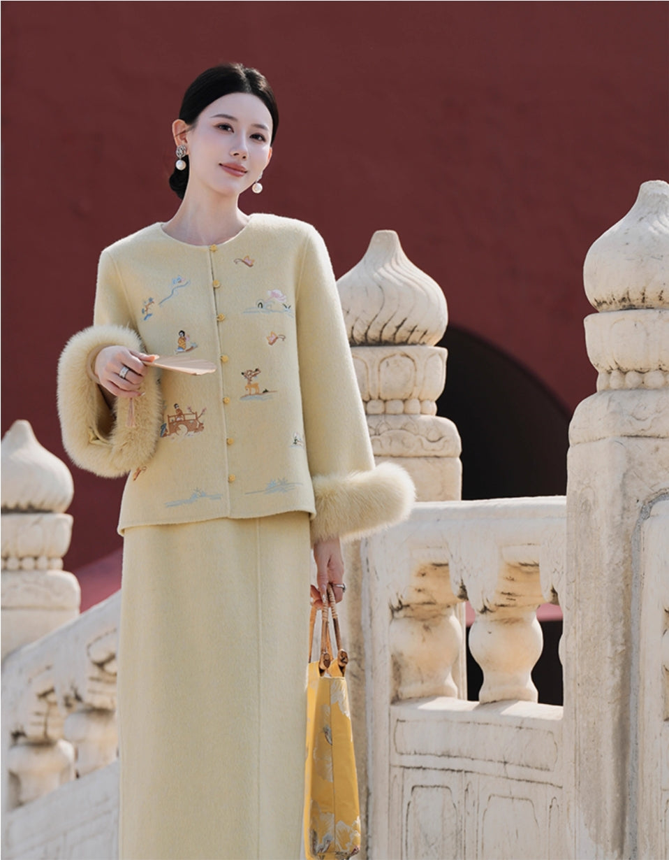 晚香玉手工坊羊毛双面呢刺绣狐狸毛套装