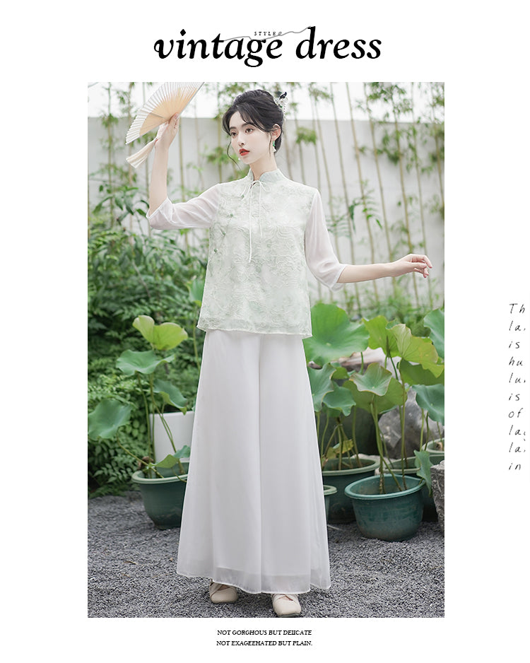 新中式女装中国风斜襟小清新上衣国风套装改良汉服唐装禅服茶服