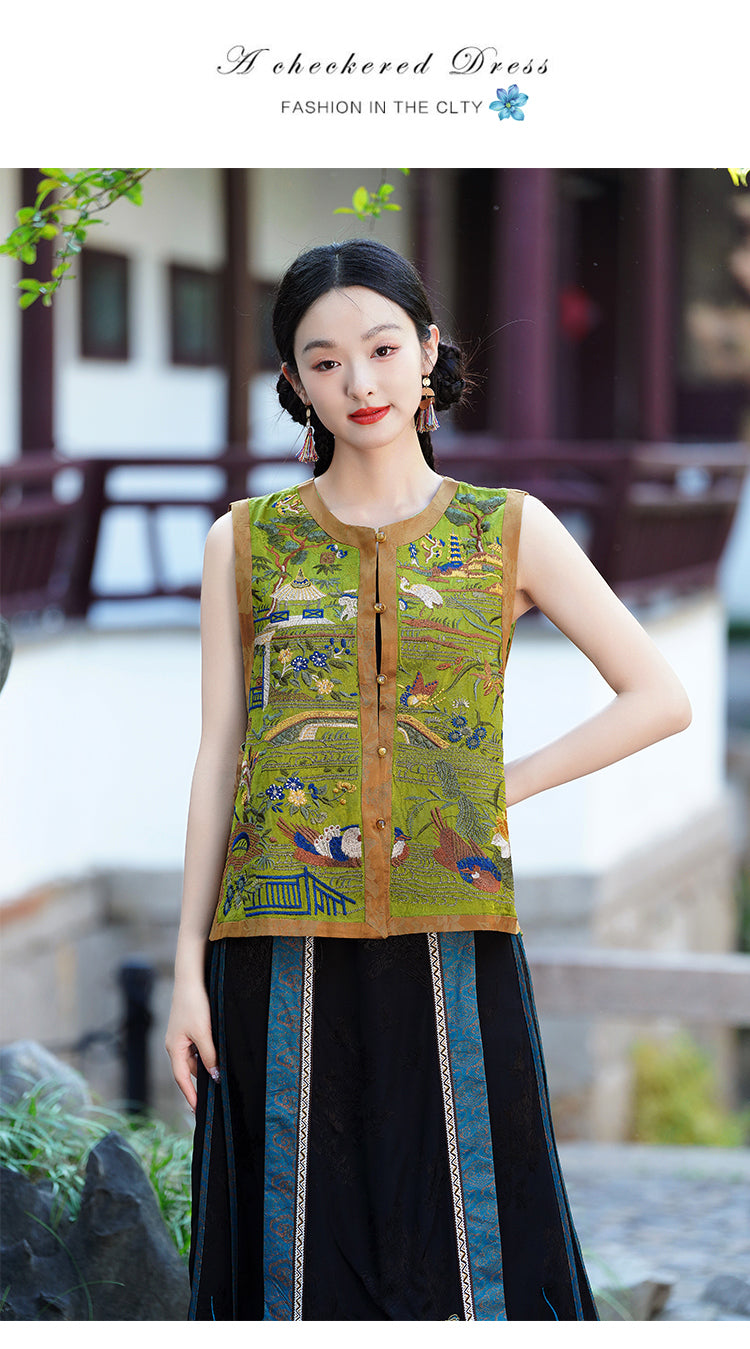 新中式重工民族风复古刺绣马甲天丝缎面背心坎肩圆领外套