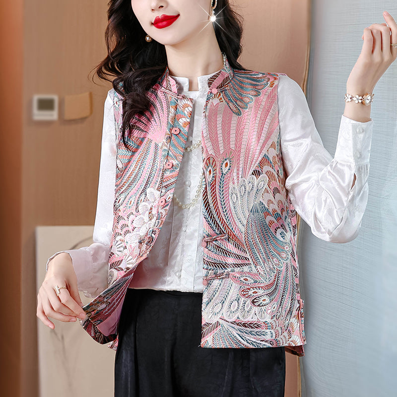 织锦缎新中式马甲外套女2025秋新款粉色复古盘扣国风上衣背心