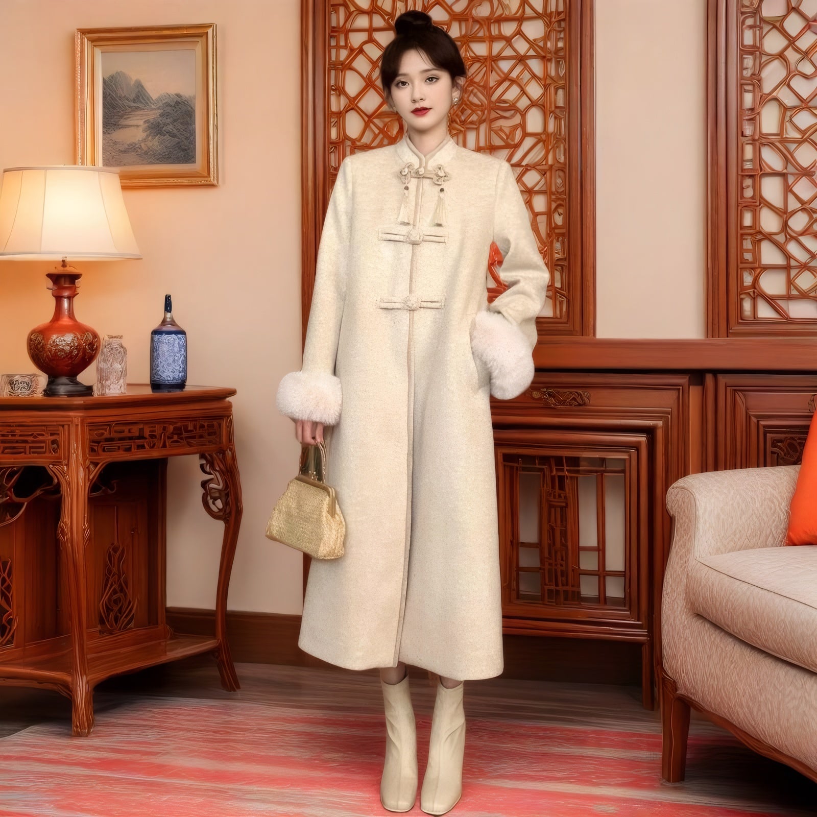 中式大衣女秋冬新款气质温婉显瘦立领国风盘扣过膝毛呢外套