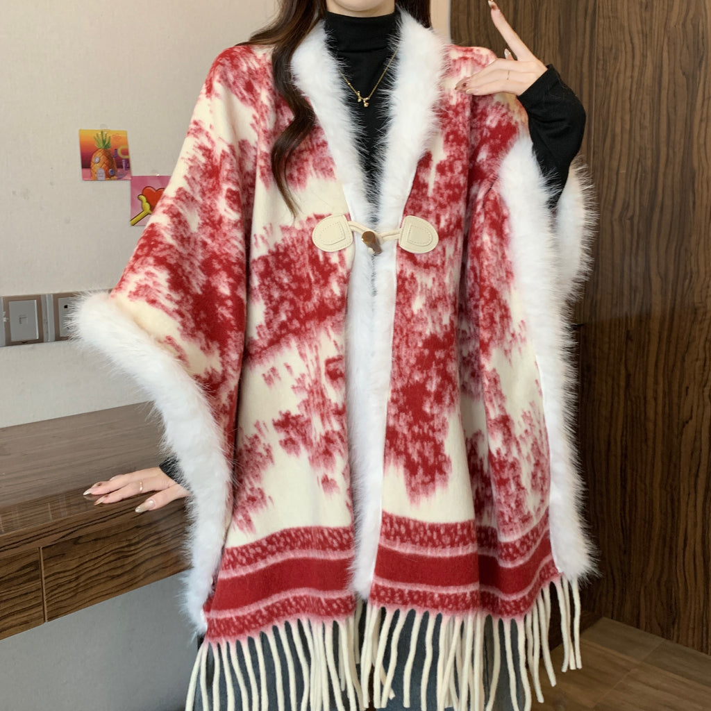 高级感水墨画毛毛拼接披肩外套女冬新款新中式气质流苏大斗篷