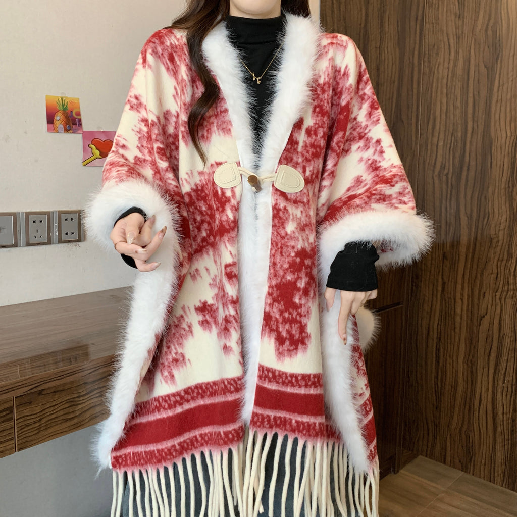 高级感水墨画毛毛拼接披肩外套女冬新款新中式气质流苏大斗篷