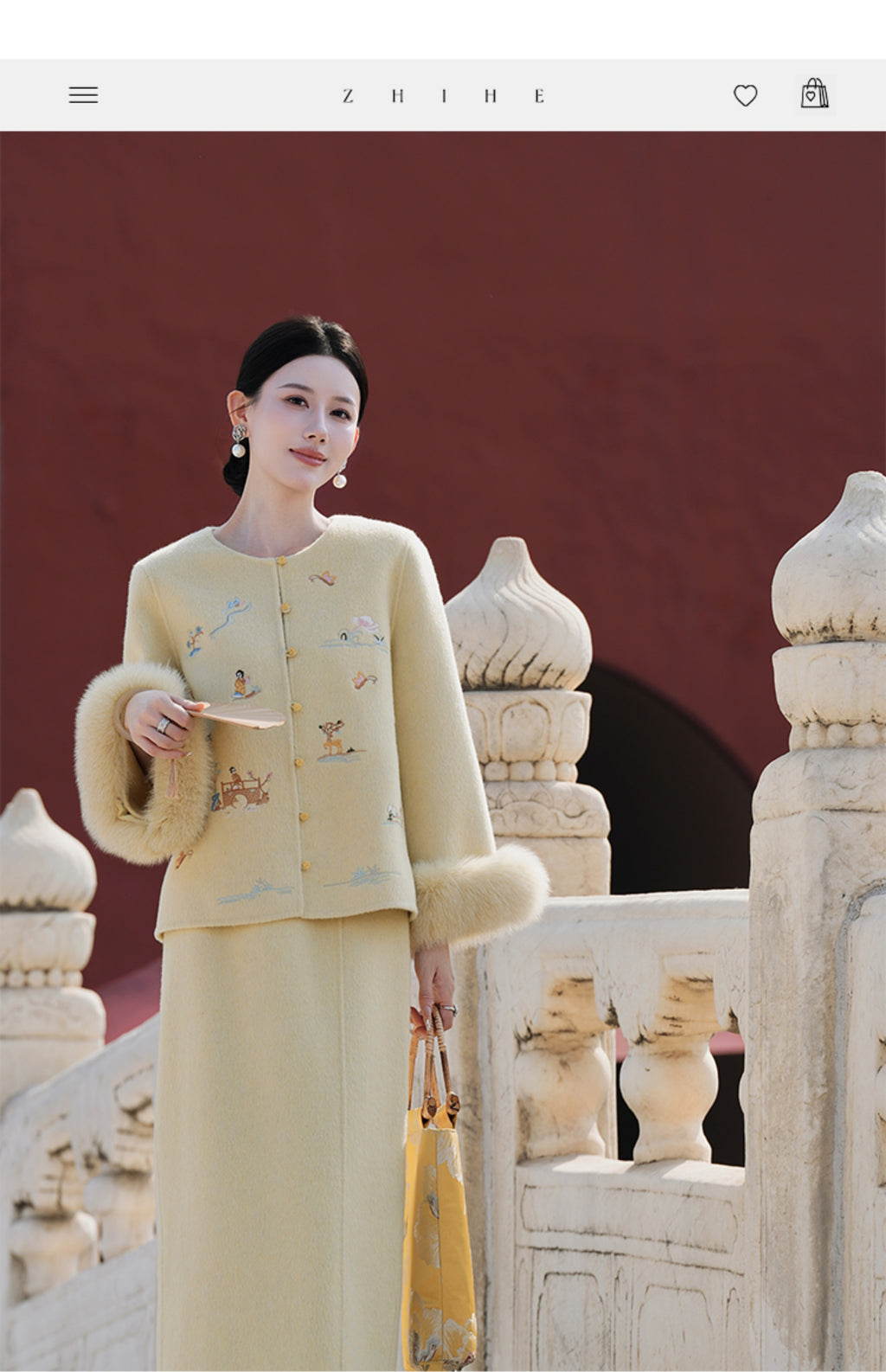 晚香玉手工坊羊毛双面呢刺绣狐狸毛套装