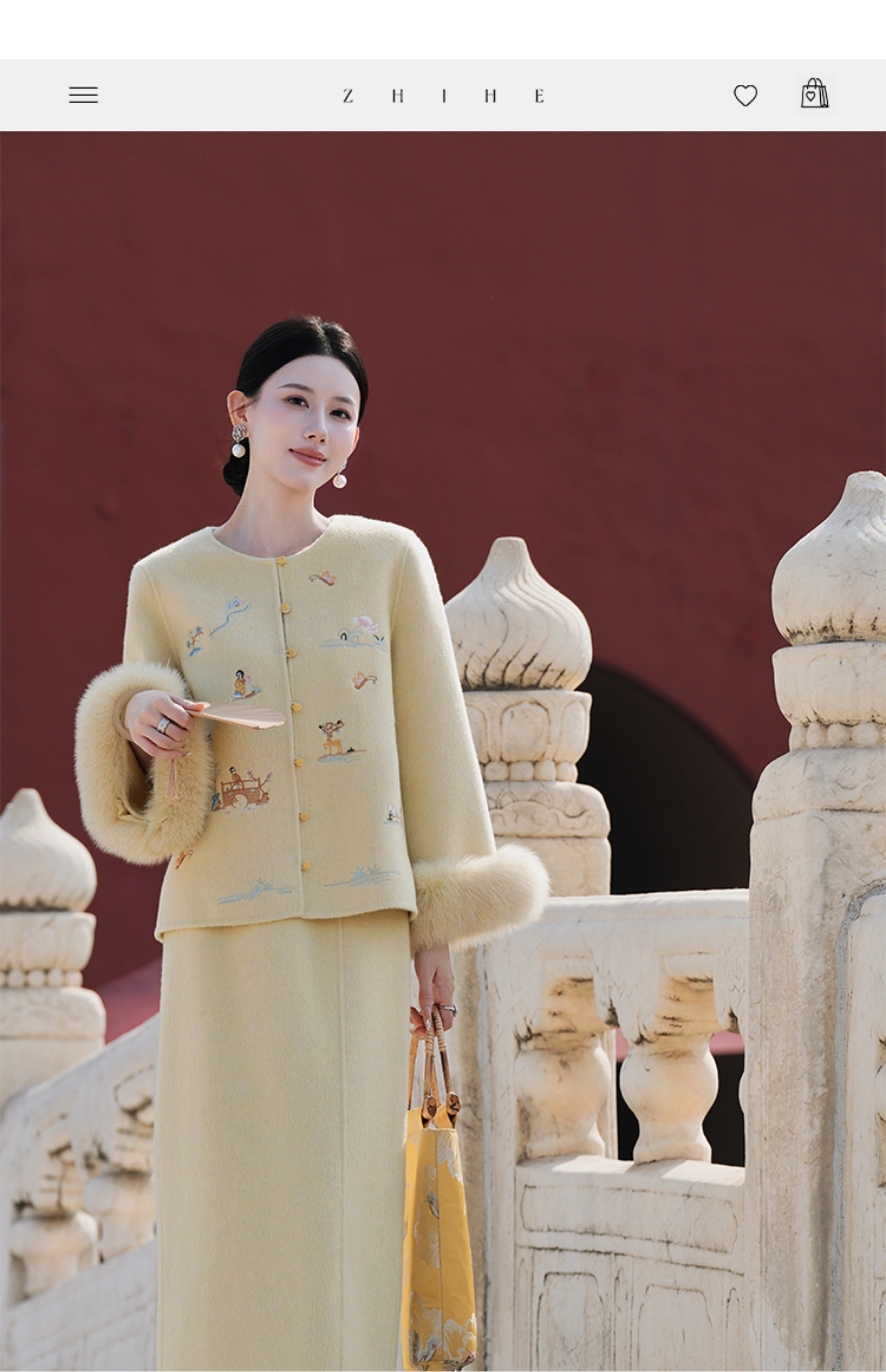 晚香玉手工坊羊毛双面呢刺绣狐狸毛套装