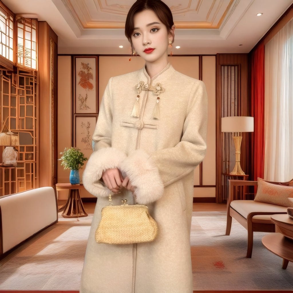 中式大衣女秋冬新款气质温婉显瘦立领国风盘扣过膝毛呢外套