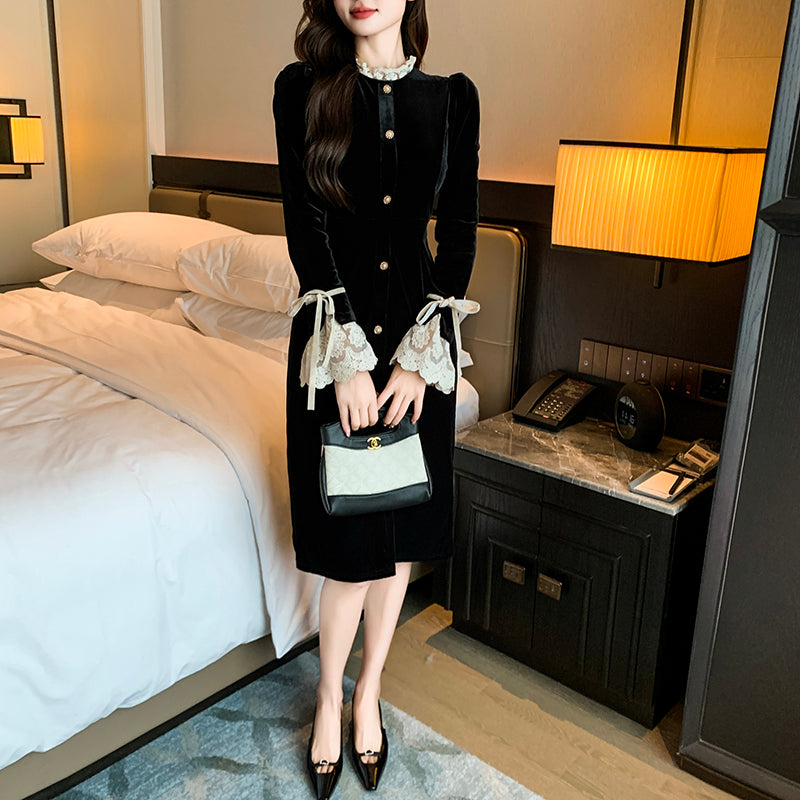 赫本风法式蕾丝拼接丝绒小黑裙礼服连衣裙