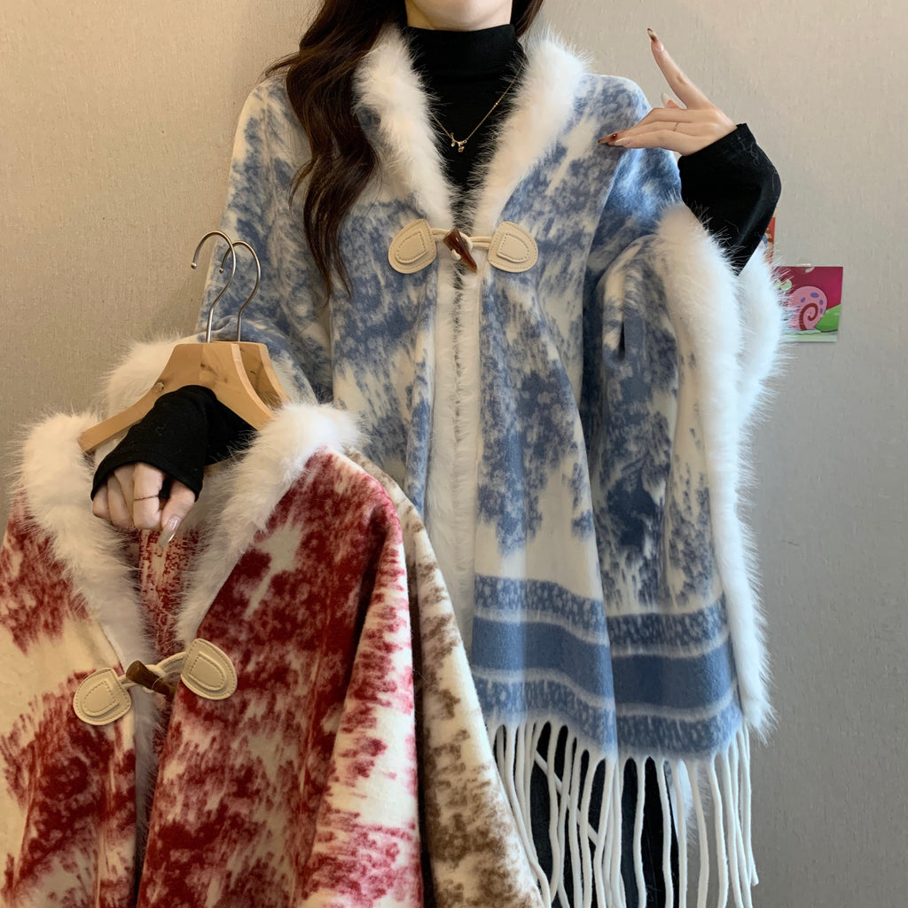 高级感水墨画毛毛拼接披肩外套女冬新款新中式气质流苏大斗篷