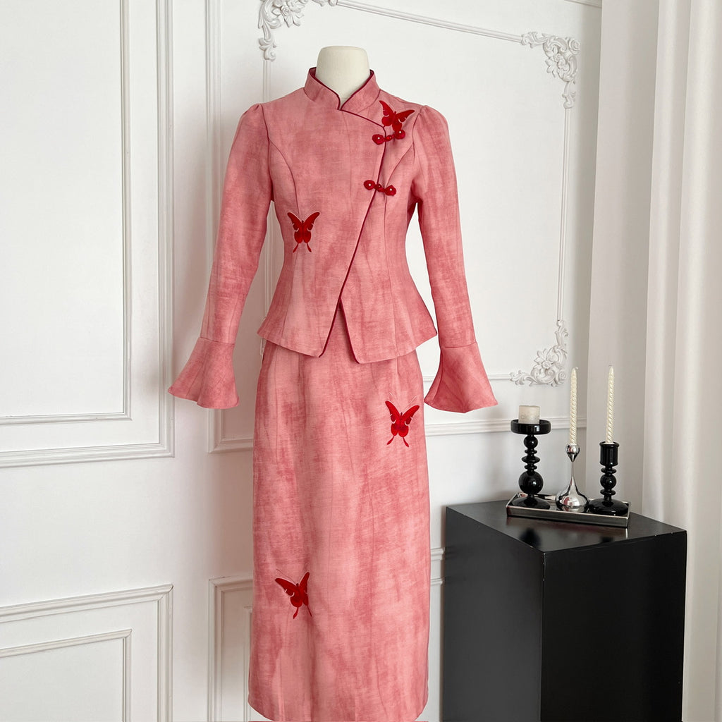 新中式国风刺绣套装撞色蝴蝶刺绣上衣半裙