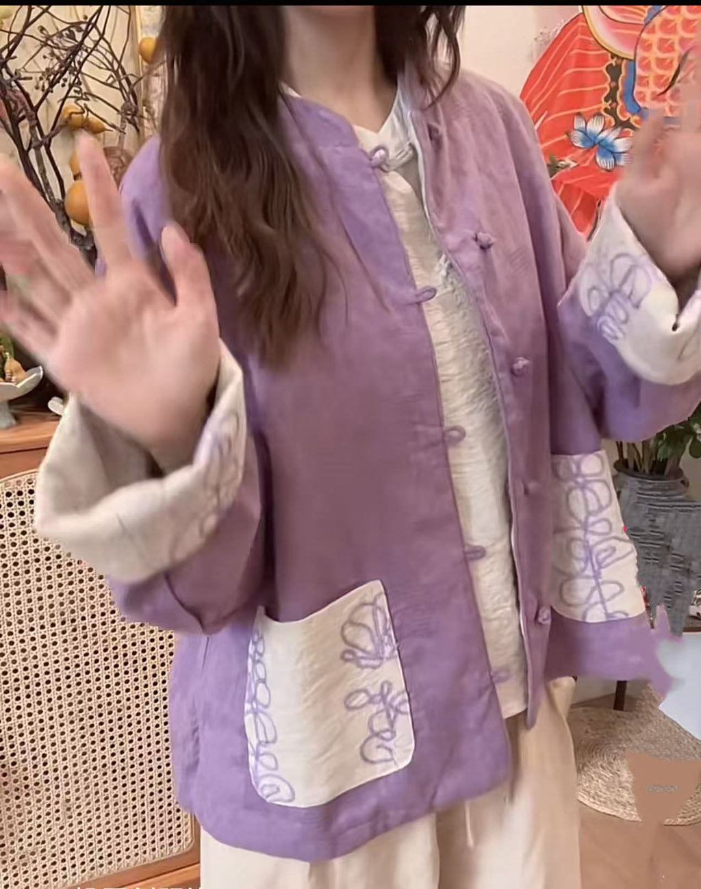 好运莲莲秋季棉麻重工刺绣国风百搭休闲开衫双面可以穿