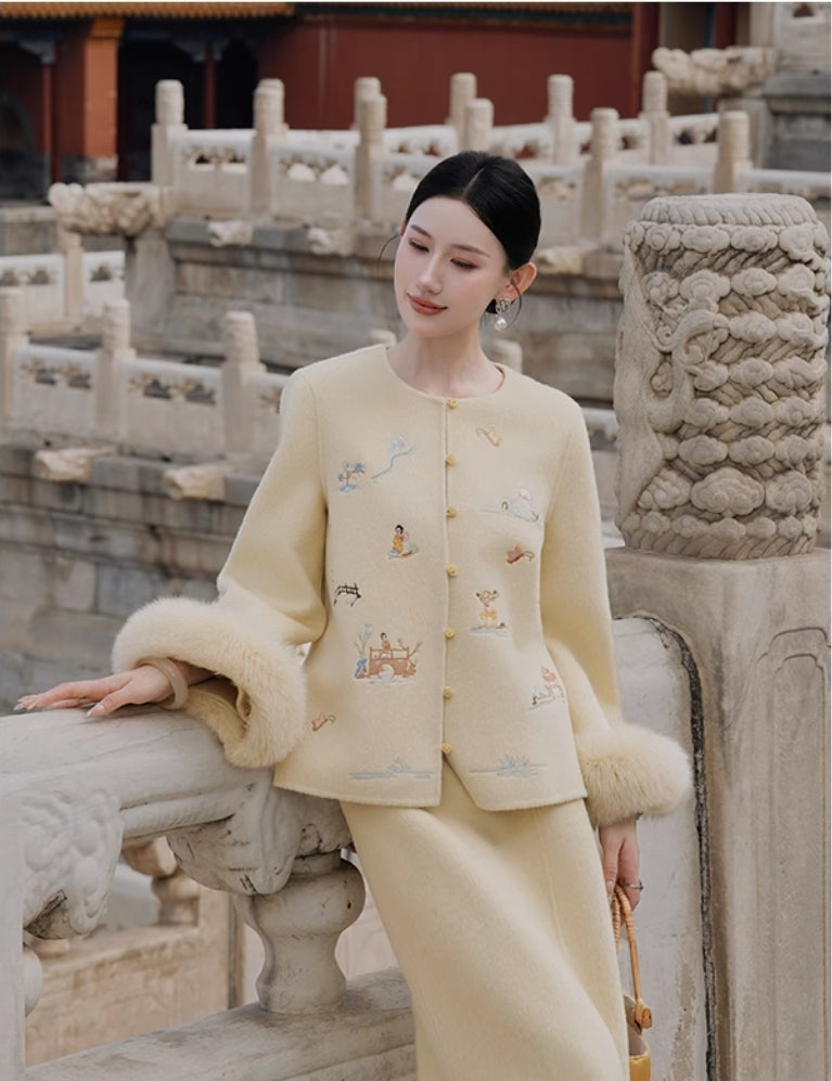 晚香玉手工坊羊毛双面呢刺绣狐狸毛套装