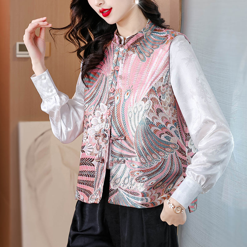 织锦缎新中式马甲外套女2025秋新款粉色复古盘扣国风上衣背心