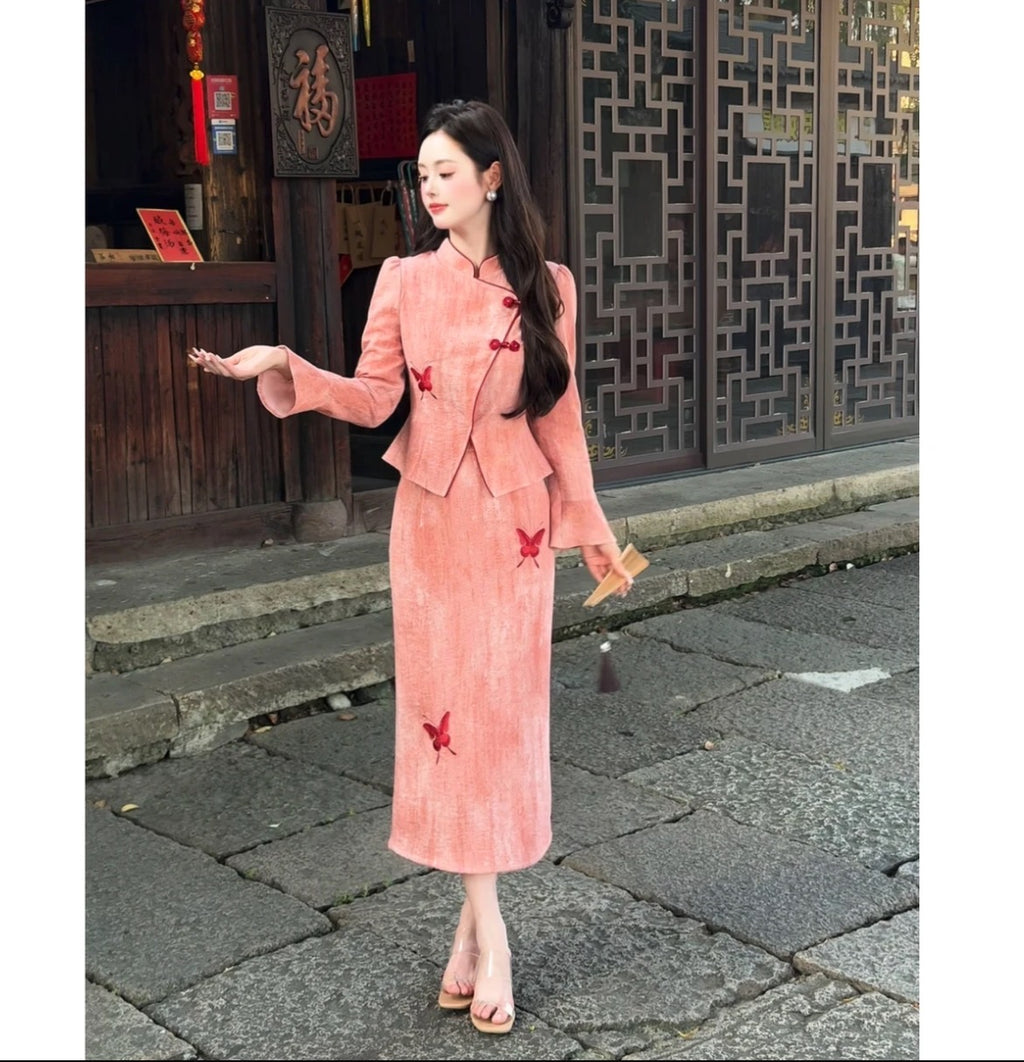 新中式国风刺绣套装撞色蝴蝶刺绣上衣半裙