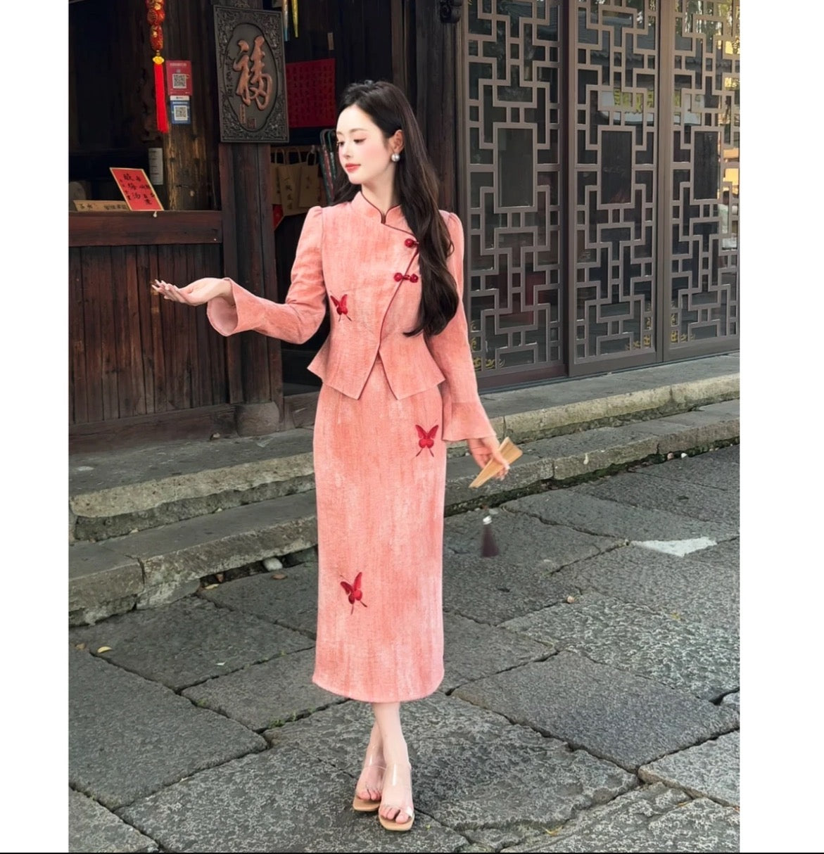 新中式国风刺绣套装撞色蝴蝶刺绣上衣半裙