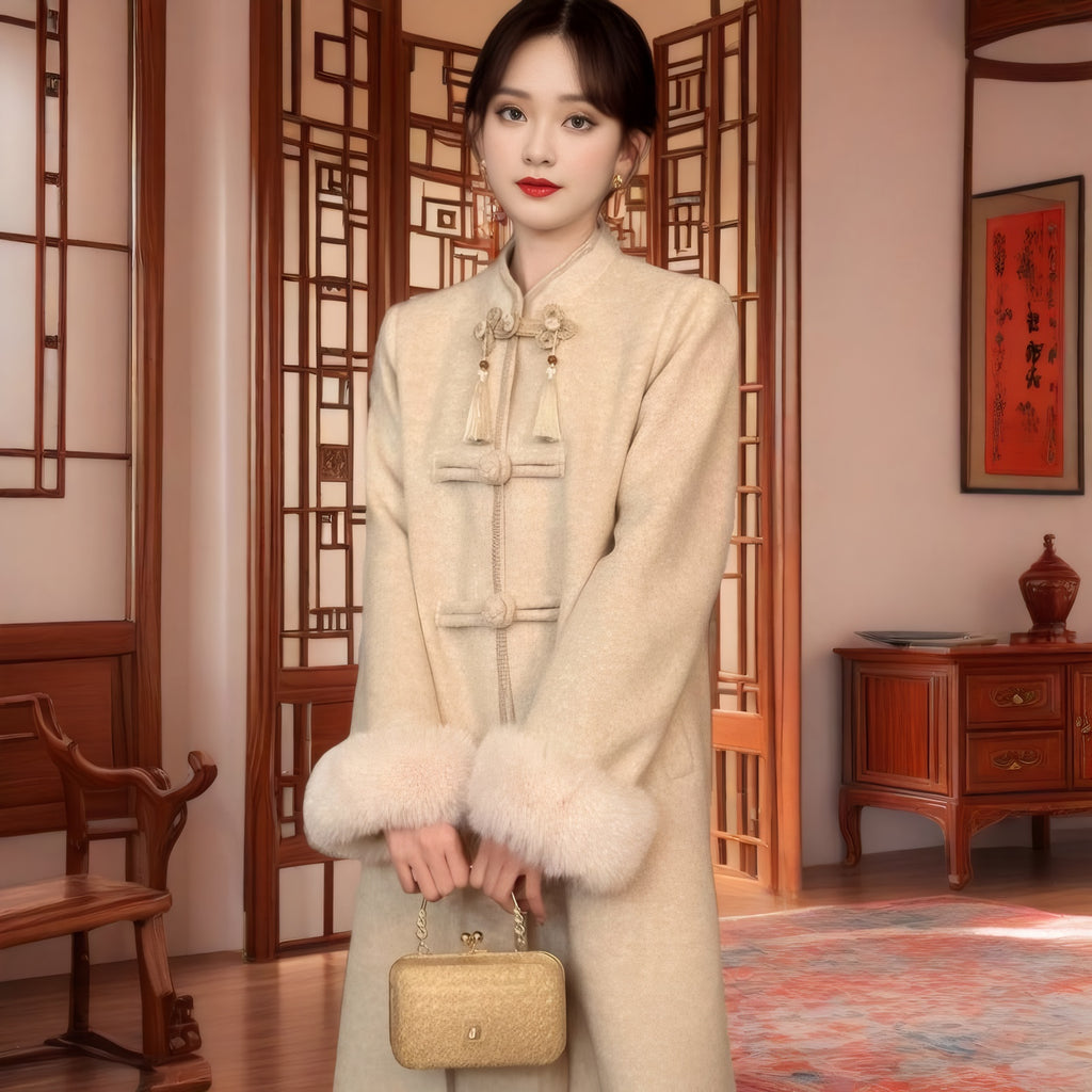 中式大衣女秋冬新款气质温婉显瘦立领国风盘扣过膝毛呢外套