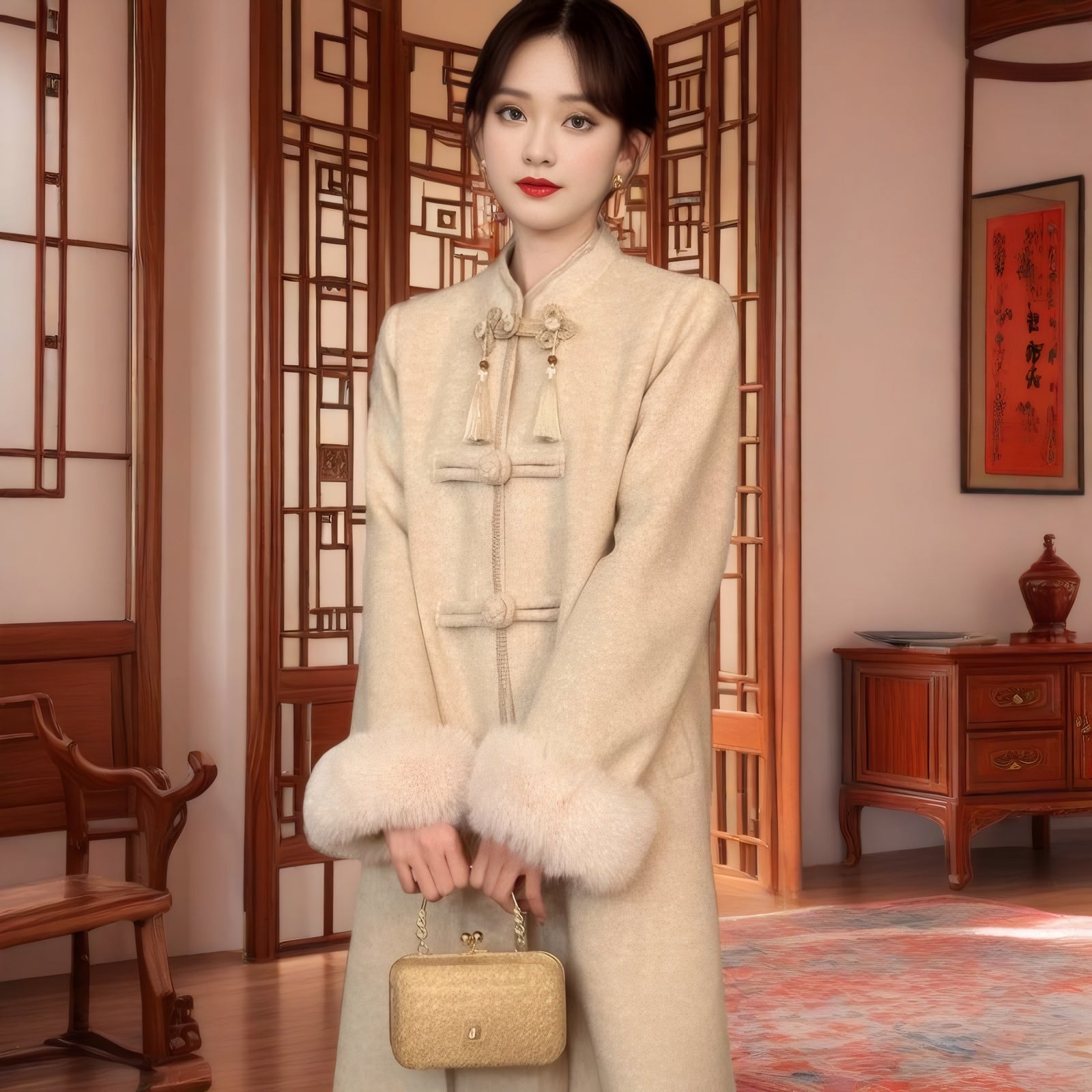 中式大衣女秋冬新款气质温婉显瘦立领国风盘扣过膝毛呢外套