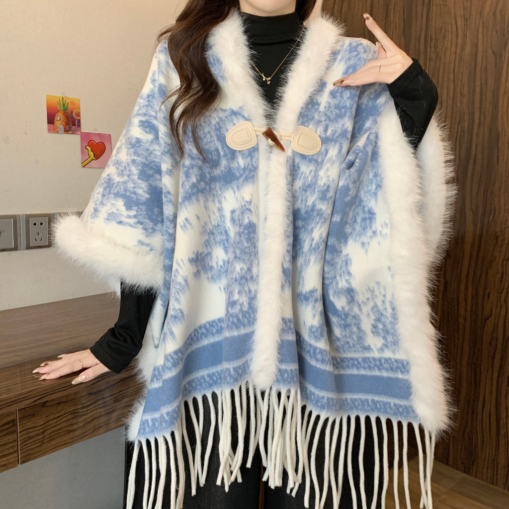 高级感水墨画毛毛拼接披肩外套女冬新款新中式气质流苏大斗篷