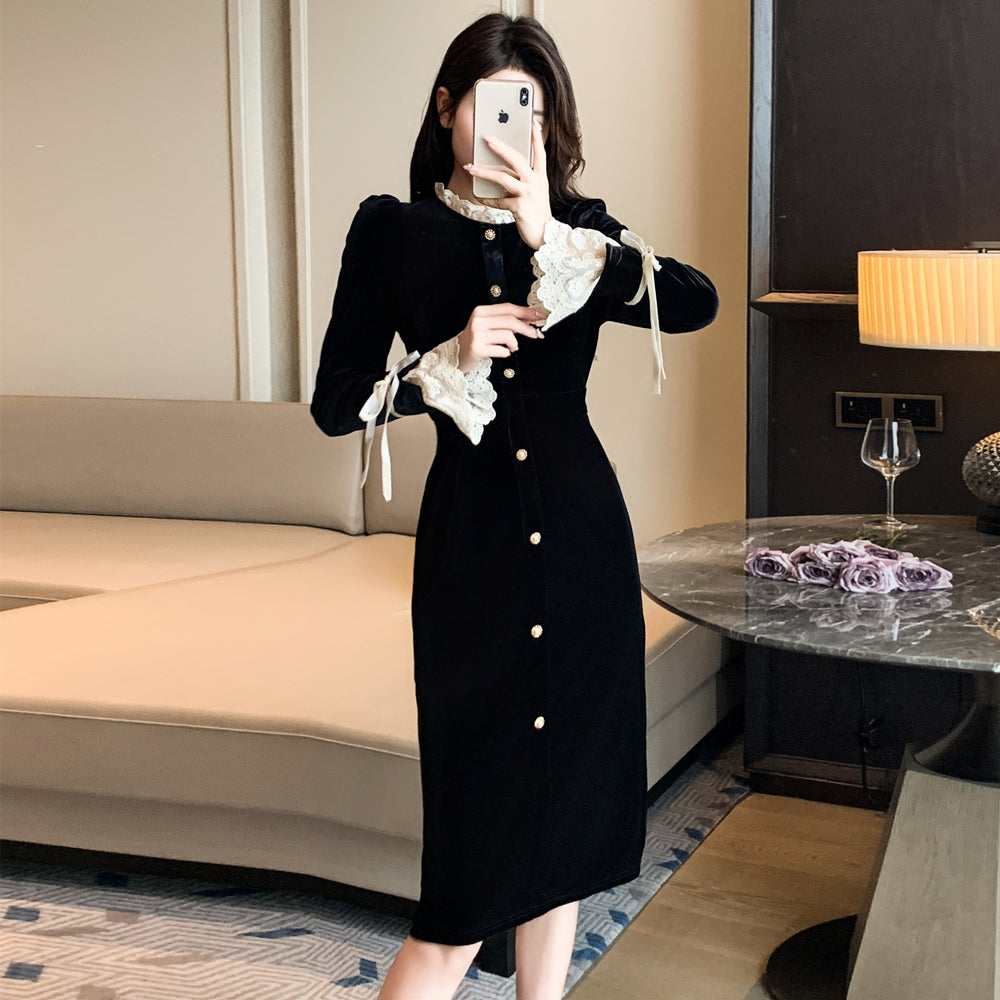 赫本风法式蕾丝拼接丝绒小黑裙礼服连衣裙