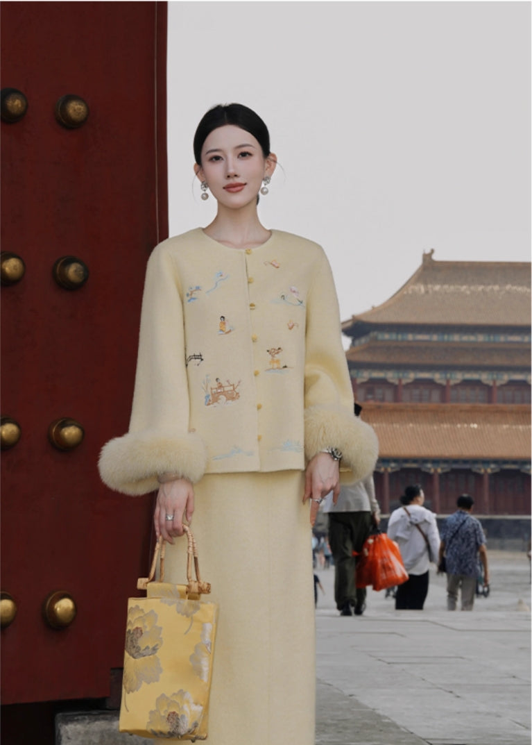 晚香玉手工坊羊毛双面呢刺绣狐狸毛套装