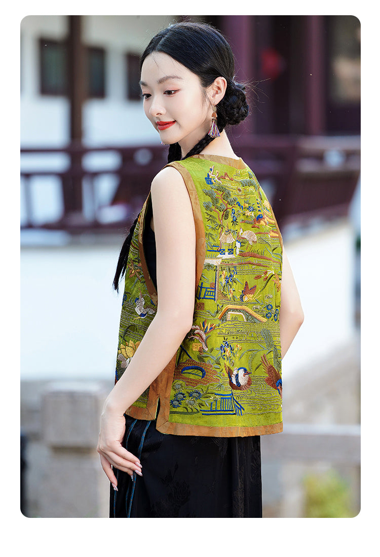 新中式重工民族风复古刺绣马甲天丝缎面背心坎肩圆领外套