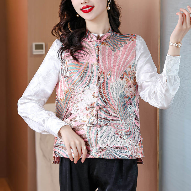 织锦缎新中式马甲外套女2025秋新款粉色复古盘扣国风上衣背心