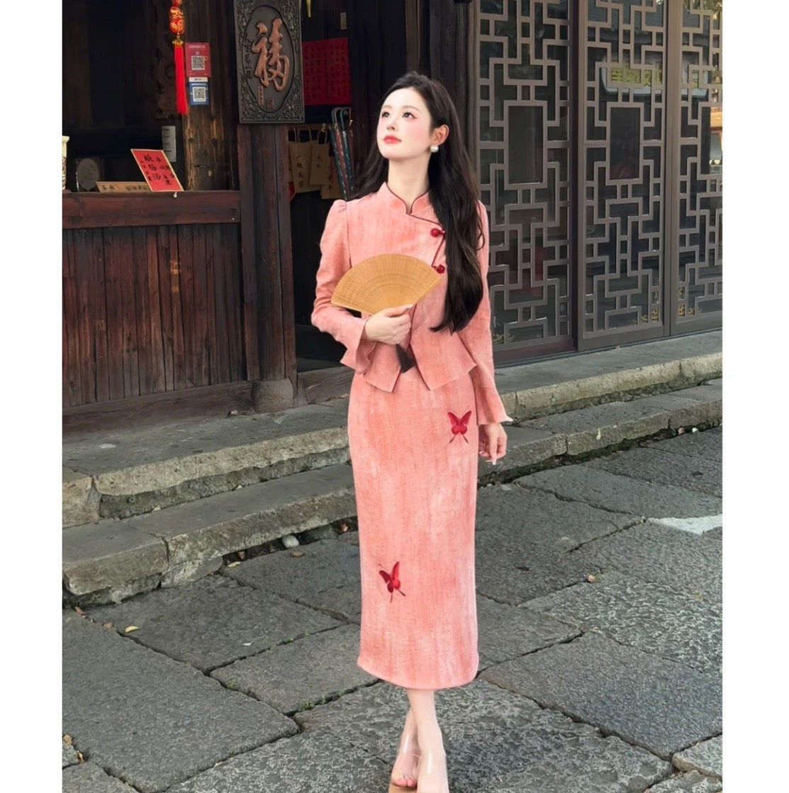 新中式国风刺绣套装撞色蝴蝶刺绣上衣半裙