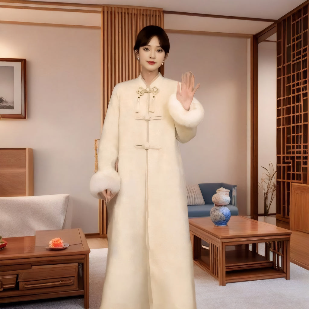 中式大衣女秋冬新款气质温婉显瘦立领国风盘扣过膝毛呢外套