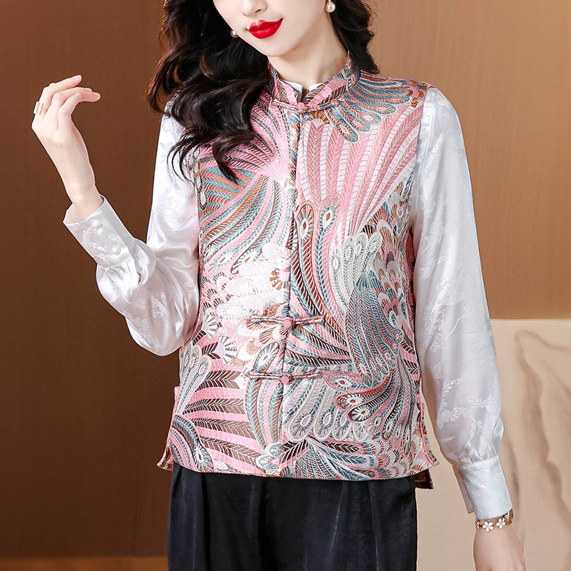 织锦缎新中式马甲外套女2025秋新款粉色复古盘扣国风上衣背心