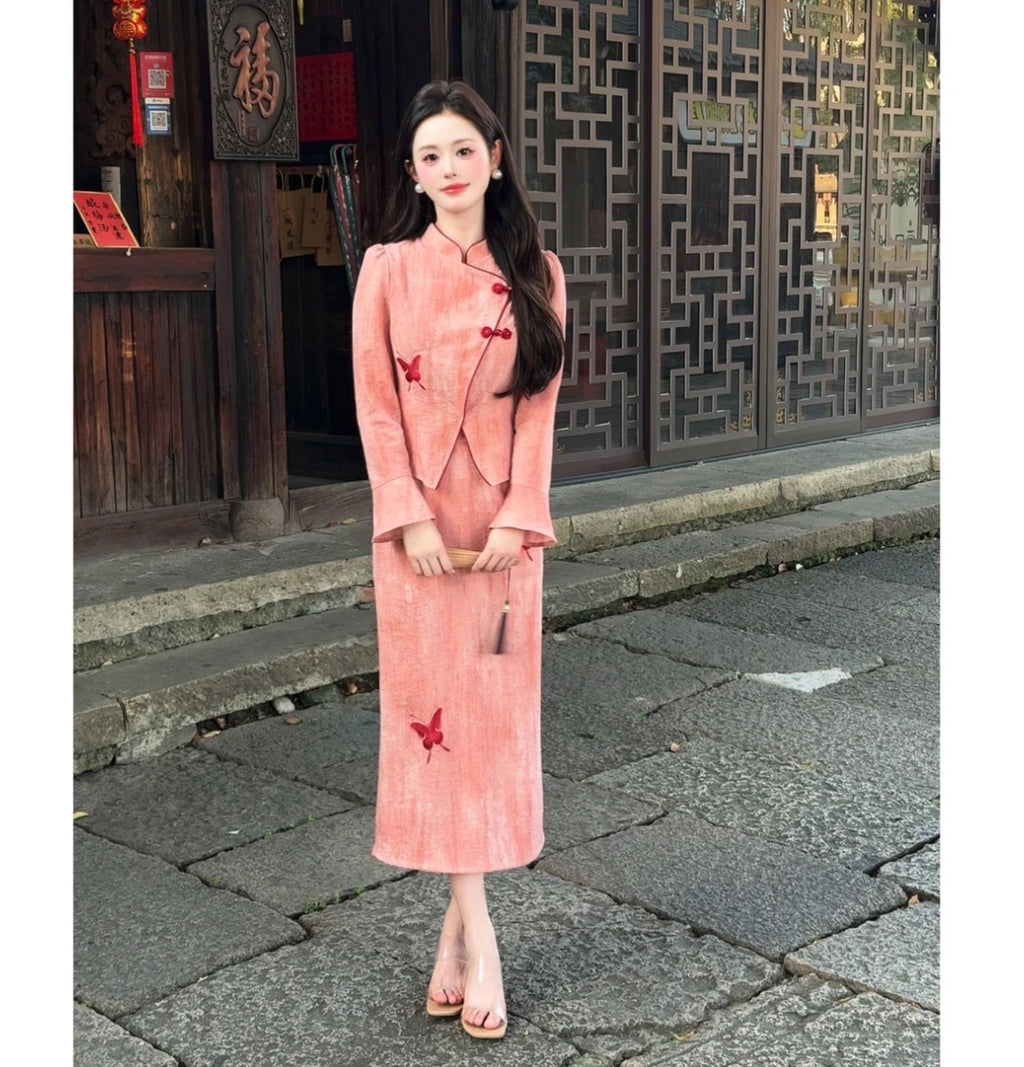 新中式国风刺绣套装撞色蝴蝶刺绣上衣半裙