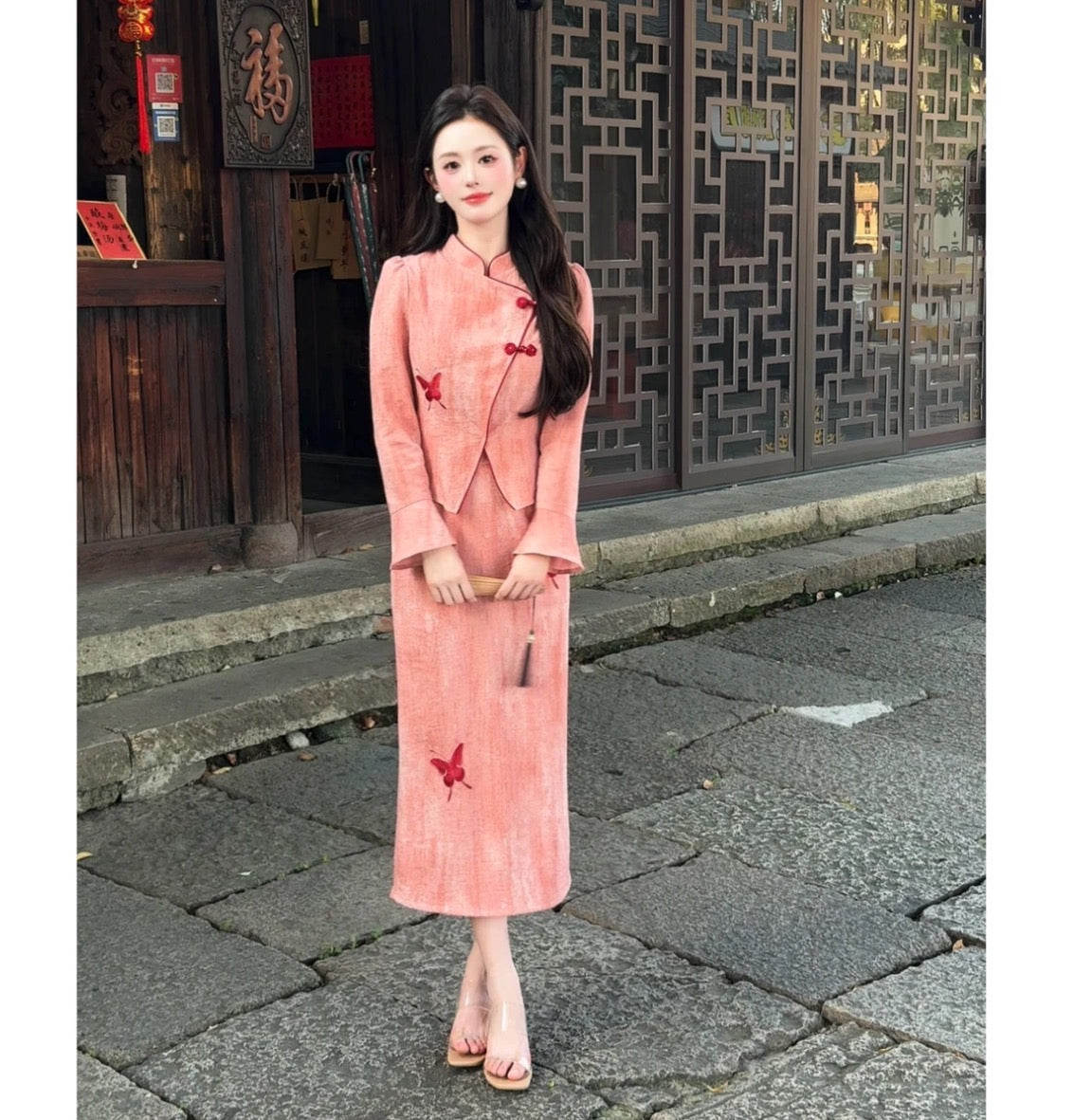 新中式国风刺绣套装撞色蝴蝶刺绣上衣半裙