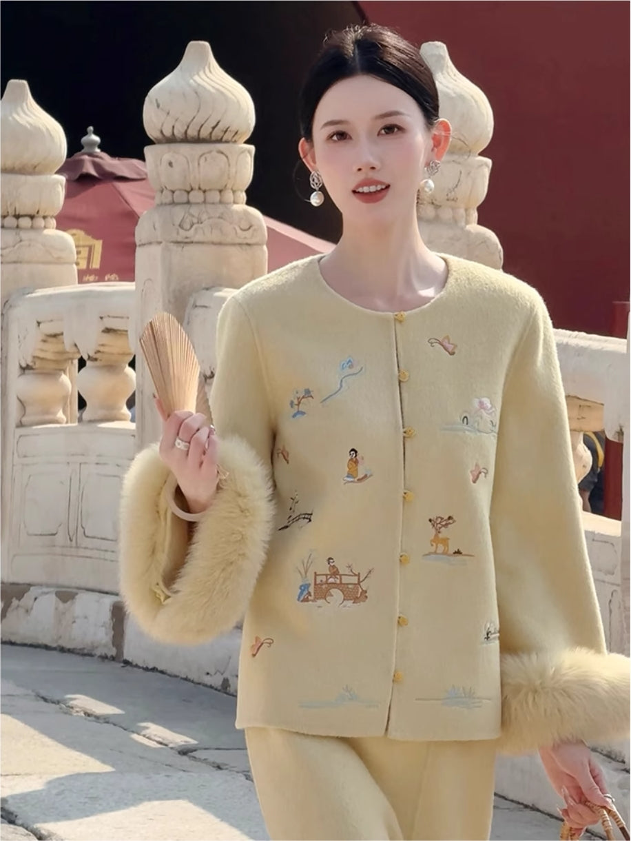 晚香玉手工坊羊毛双面呢刺绣狐狸毛套装