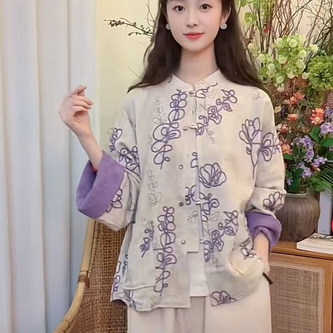 好运莲莲秋季棉麻重工刺绣国风百搭休闲开衫双面可以穿
