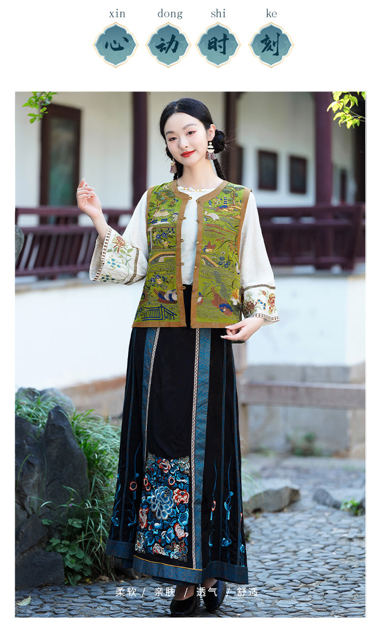 新中式重工民族风复古刺绣马甲天丝缎面背心坎肩圆领外套