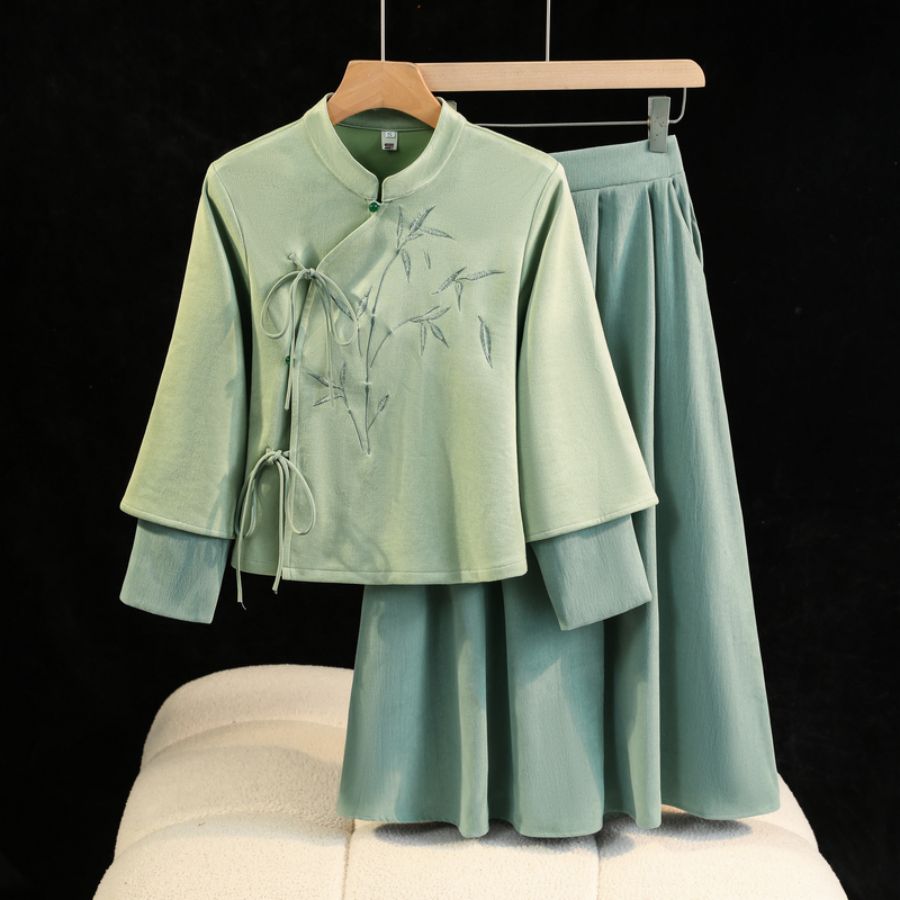 新中式国风改良旗袍鹿皮绒复古上衣半身裙两件套