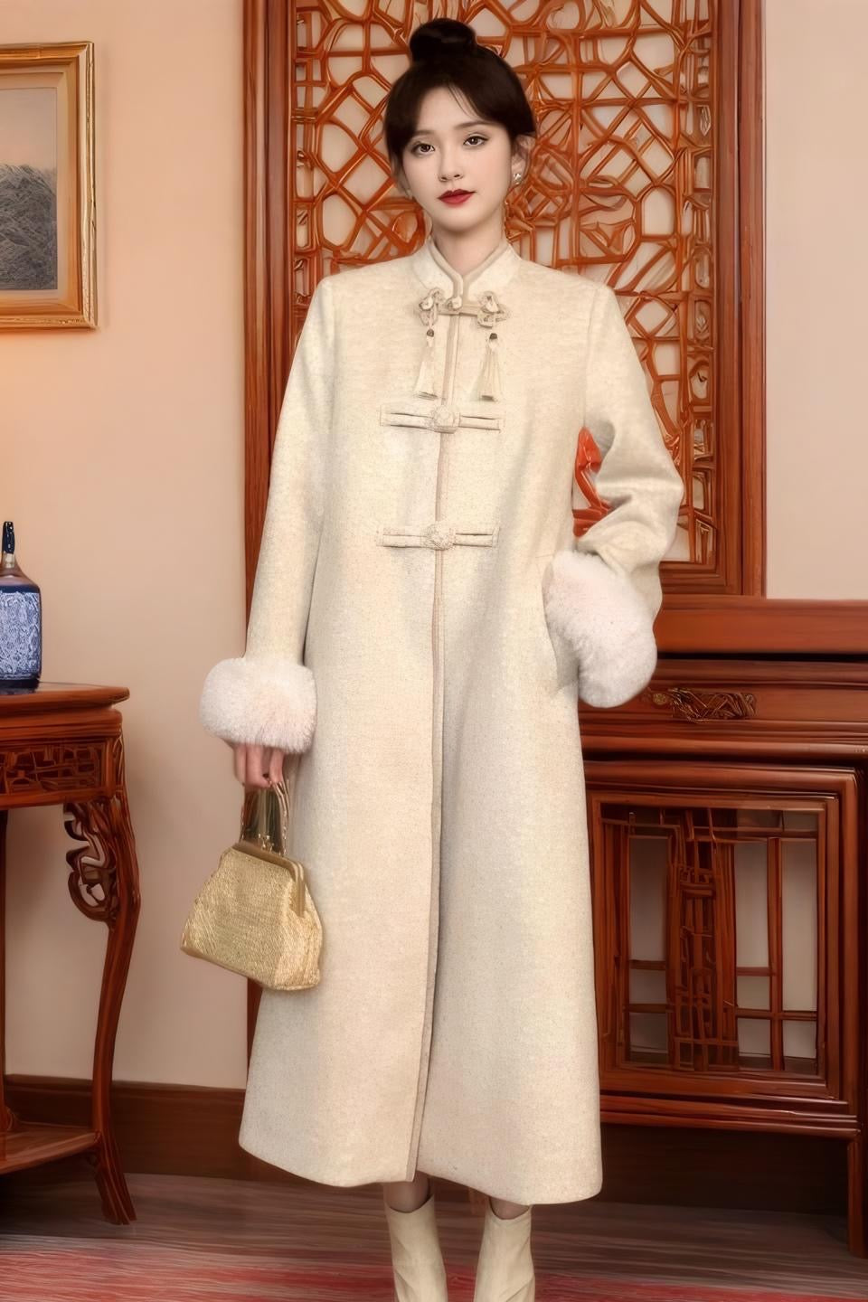 中式大衣女秋冬新款气质温婉显瘦立领国风盘扣过膝毛呢外套