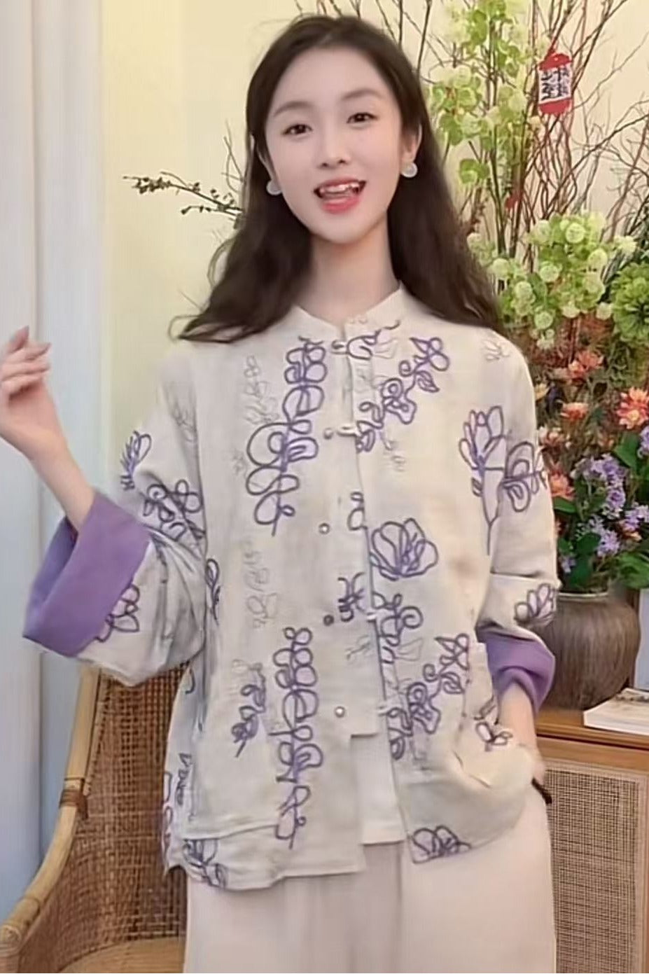 好运莲莲秋季棉麻重工刺绣国风百搭休闲开衫双面可以穿