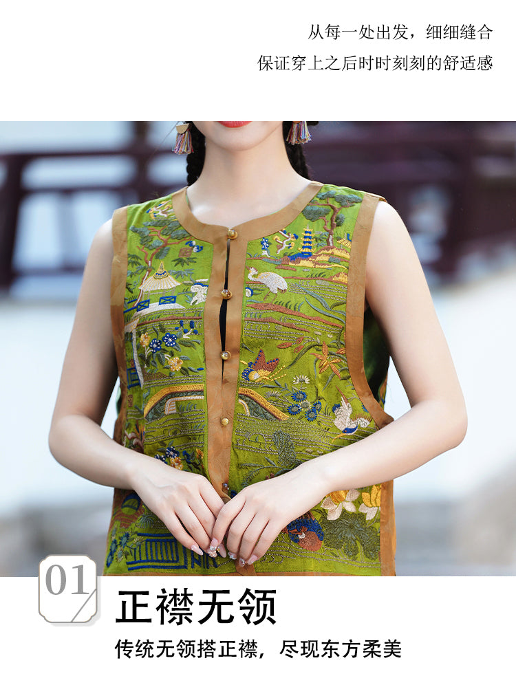 新中式重工民族风复古刺绣马甲天丝缎面背心坎肩圆领外套