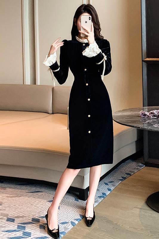 赫本风法式蕾丝拼接丝绒小黑裙礼服连衣裙