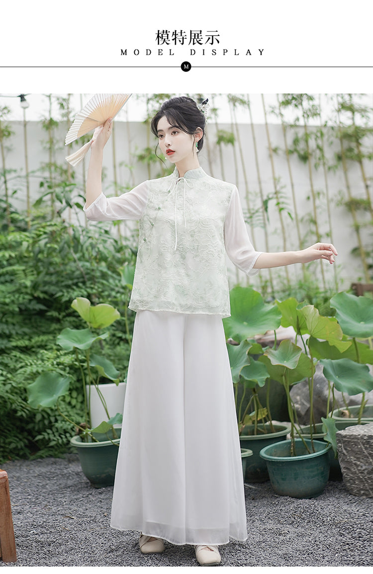 新中式女装中国风斜襟小清新上衣国风套装改良汉服唐装禅服茶服