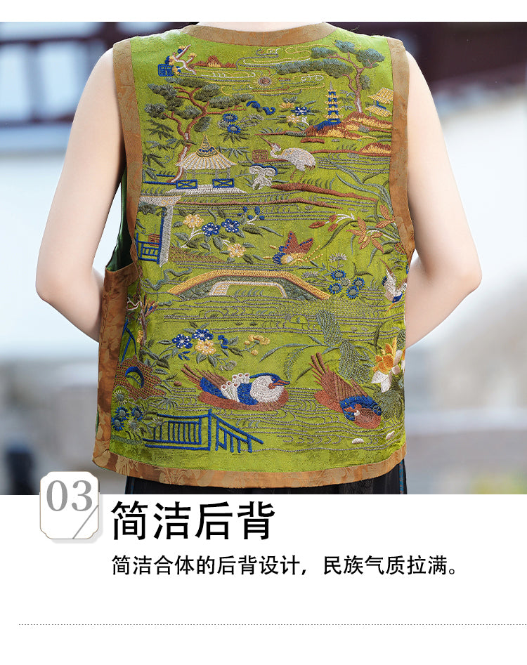 新中式重工民族风复古刺绣马甲天丝缎面背心坎肩圆领外套