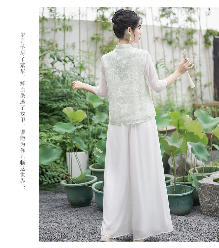 新中式女装中国风斜襟小清新上衣国风套装改良汉服唐装禅服茶服